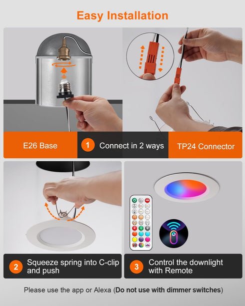 6 Inch 13W 1050 Dimmable 1 Pack DUSKTEC LED Recessed Lighting - RGBCW Color Changing LED Can Lights with Remote Control