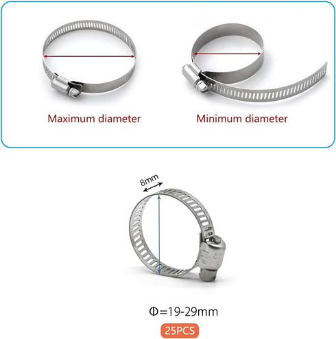 Hose Clamp 1 Inch Stainless Steel Worm Gear Fuel Line Clamps, 19-29mm (25 Pack)
