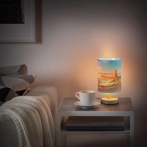 Summer Sunset Bedside Lamp Starfish Shells Beach Table Lamp for Bedroom LED Nightstand Lamp Shade USB Ports Wood Base
