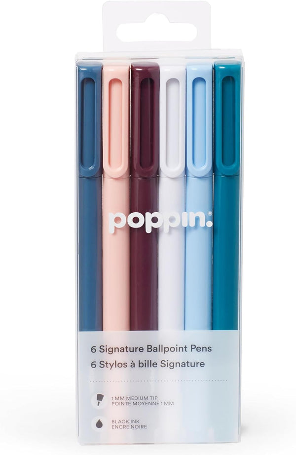 Poppin Signature Ballpoint Pens, Medium Point 1mm, Set of 6 Professional Office Pens (Assorted Contemporary with Black