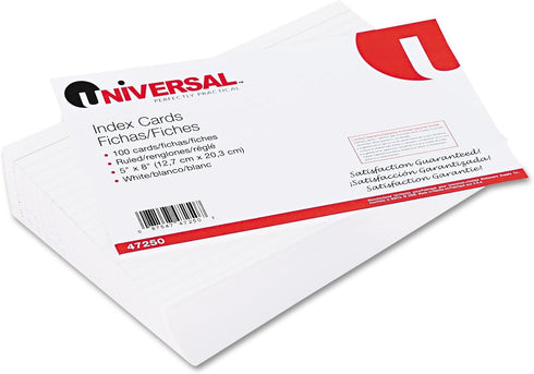 Universal Ruled Index Cards - 5 x 8, White, 100 Cards/Pack (UNV47250)