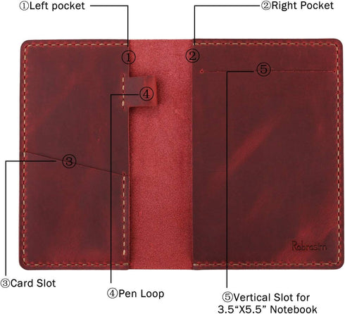 Leather Journal Cover for 3.5" x 5.5" Pocket Notebook with Pen Loop, Compatible with Rocketbook Mini - Wine