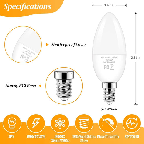 E12 Bulbs 40W 4W 2700K Bulbs, Non-Dimmable, Pack 12 Brightever LED Candelabra Light Equivalent, Warm White Ceiling Fan