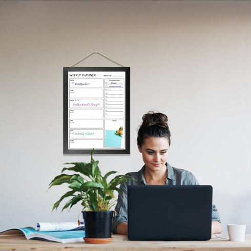 Dry Erase White Board & Weekly Calendar Board, Magnetic Whiteboard for Wall, 13“x17" Solid Wood Black Framed Message