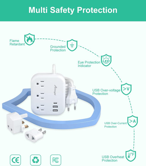 European Travel Plug Adapter, Alitayee EU/UK/US Travel Power Strip with 3 Outlets 3 USB Ports, International Universal