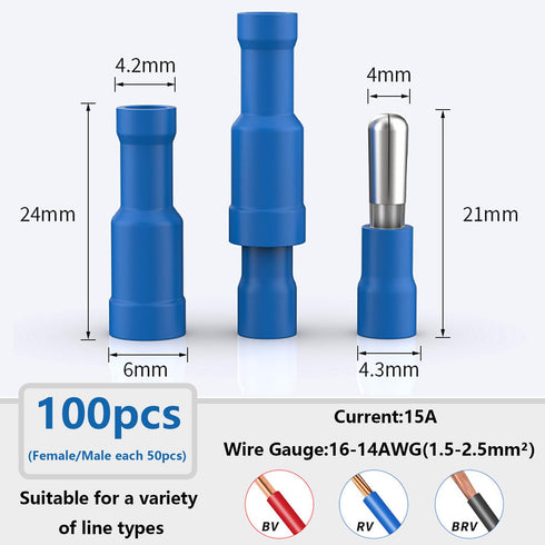 smseace 100Pcs Blue Bullet Connectors 16-14AWG Bullet wire connectors Female&Male Bullet Butt connector for Automotive Boat Stereo Industrial equipment