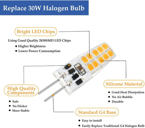 G4 LED Bulb 12V JC Type, 20-30W T3 Halogen Equivalent, 6000K Daylight White, 10-Pack
