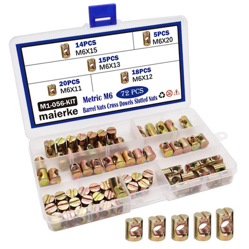maierke 72PCS Metric M6 Barrel Nuts Cross Dowel Slotted Nuts Furniture Nut,M6 x