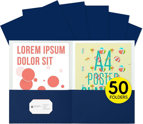 Two Pocket Folders, 50 Pack Blue File Folders with Pockets for Letter Size Paper, Thick Paper for School, Office,