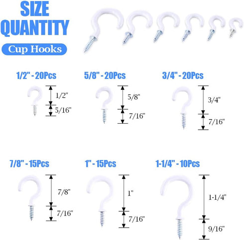 Glarks 100-Pieces White Vinyl Coated Cup Hooks – Screw-in Ceiling Hooks Assortment Kit for Home and Office