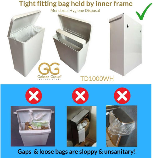 Sanitary Napkin Receptacle, Surface Mount Steel, Measures 7 ½ “ w x 9 3/4 “ H x 4” D, White