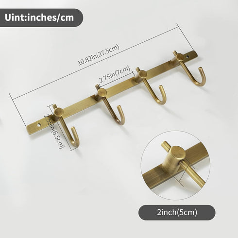 WINCASE Brass Towel Hook Rack - Brushed Brass Wall Hook Rack with 4 Hooks, Antique Brass Rustic Wall Mounted
