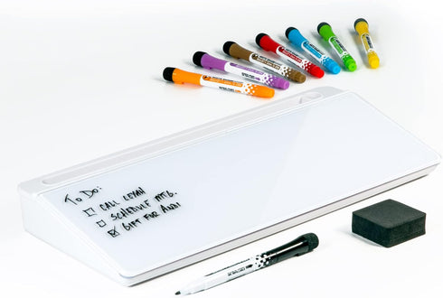 Glassboard Studio Glass Dry Erase Doodle Tray for Desktop Office Supply Storage - Includes 8 Markers and Eraser (White)