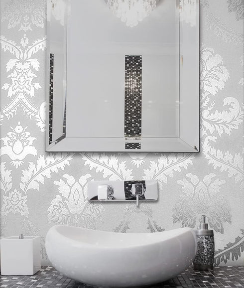 8359 Silver Damask Peel and Stick Wallpaper 17.7 in 9.8ft Removable Self Adhesive Contact Paper Vinyl Film for Furniture Renovation and Home Decoration by JZHOME