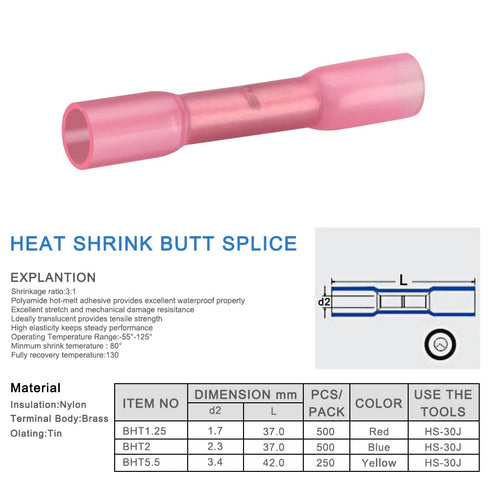 Butt Splice Connector Heat Shrinkable Insulated, BHT1.25, 0.5-1.5mm² (22-16 AWG), Electrical Cable Crimp Tube, Red, 50