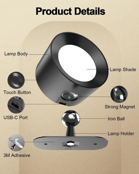 360 Dimmable, 3000mAh 3 1 Pack, LED Wall Lights Rotation Rechargeable Cordless Wall Sconces Light, Color Temps & Remote