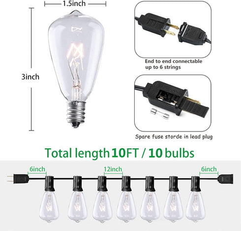 10Ft 11 Bulbs (1 Bulb 7 E12 SUNSGNE Outdoor Patio String Lights with Edison Spare), Vintage Edison String Lights