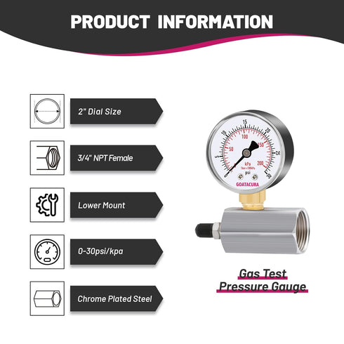 Gas Test Pressure Gauge 0-100psi/kpa, 2" Dial Size, Chrome Plated Steel Body, 3/4" FNPT Connection