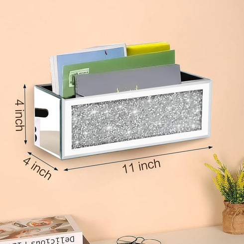 Mirrored Countertop Mail Organizer, Silver Crush Diamond Wall Mount Letter Holder, Desk Mail Storage Basket