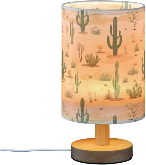 SPRIPORT Wilderness Cactus Bedside Table Lamp for Bedroom Nightstand Lamp with Wood Base & Round Flaxen Fabric Shade