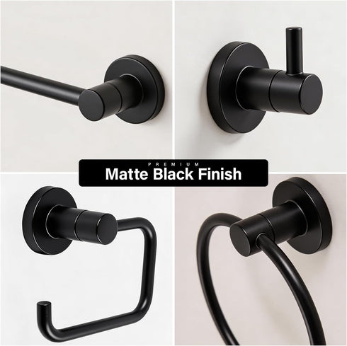 4-Piece Set, 24-Inch HIGHCRAFT Bathroom Accessory Matte Black Towel Bar, Towel Ring, Robe Hook & Toilet Paper Holder