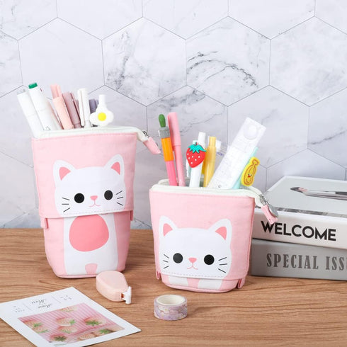 iSuperb Cute Cat Telescopic Pencil Pouch Case with Zipper, Canvas Stationery Box for Kids, 7.5 x 4.9 x 3.0 inch