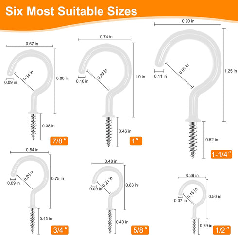 100 PCS Screw in Cup Hooks, 6 Size Vinyl Coated Screw Hooks for Indoor & Outdoor Use, White