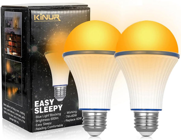 2 Pack LED Amber Light Bulbs, 7W A19, 1800K Warm Light, Blue Light Blocking, 60 Watt Equivalent for Healthy Sleep, 2