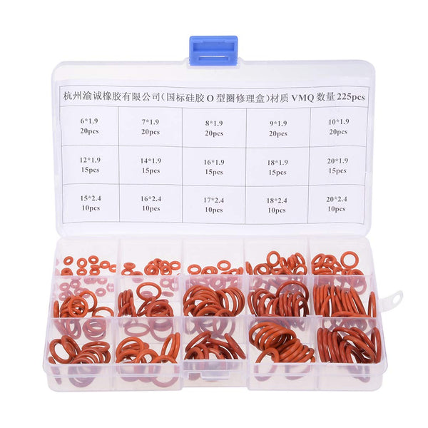 uxcell 225 Pieces Silicone Rubber O-Ring Assortment Kit, 15 Sizes Metric VMQ Sealing Gasket Set, Red