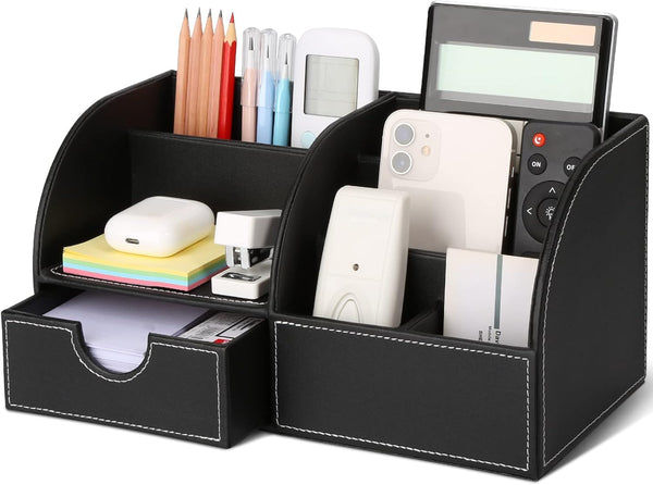 KINGFOM Pu Leather Desk Organizer Caddy Storage Box for Office Supplies, 6 Compartments with Drawer, Black (Full Pu