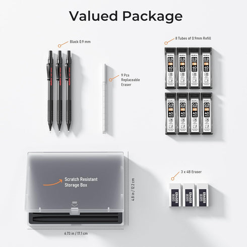 Nicpro 0.9 Metal Mechanical Pencil Set with Case, 3PCS Black Drafting Pencil, 8 Tubes HB Lead Refills, 3PCS Erasers