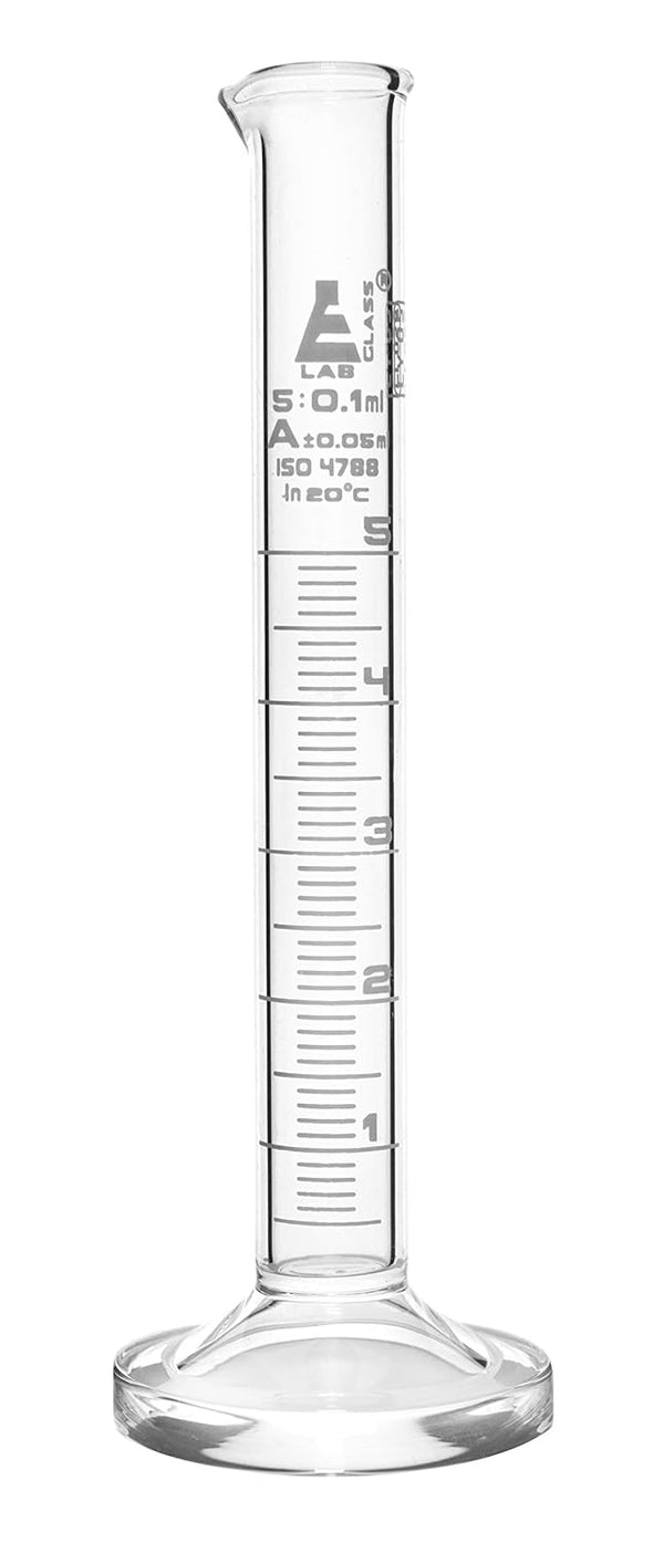 EISCO Graduated Cylinder, 5ml Class A Tolerance ±0.05ml, Round Base, White Graduations, Borosilicate 3.3 Glass