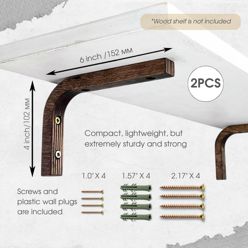 2-Piece Set 6 inch EvenWood of Wooden Shelf Brackets - L Shelf Holders - Floating Shelf Brackets - Wood Shelf Supports