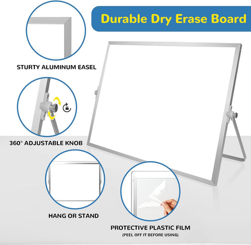 Large Magnetic Desktop Whiteboard, 16inX12in with Stand, 10 Markers, 4 Magnets, Portable Double-Sided Easel