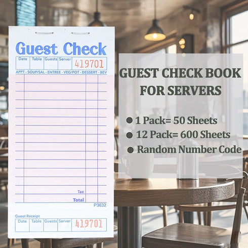 Officeva 12 Pack 600 Budgenix Guest Checks Server Note Pads Orders, Pink Guest Check Pads with Bottom Receipt, Waitress