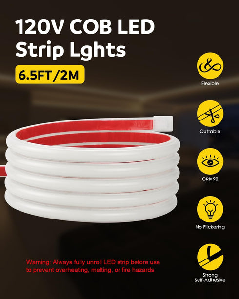 110V 120V 6FT 3000K 576LEDs Closet CRI90+ IP67 Aclorol COB LED Strip Light LED Light Strip Warm White