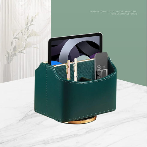 Leather Remote Control Holder for Table, 360 Degree Spinning Caddy, Bedside Desk Organizer for Media, Phone, Glasses