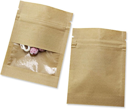 FERENLI 100 Pack Small Resealable Seed Coin Envelopes with Clear Window, Brown Kraft Paper for Flower Vegetable Storage