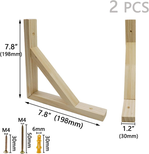 2 7.8"x7.8" Dnyta Pcs Rustic Wall Mount Wood Shelf Brackets, Unfinished Solid Wood Bracket Pendant Light Lamp Hanging