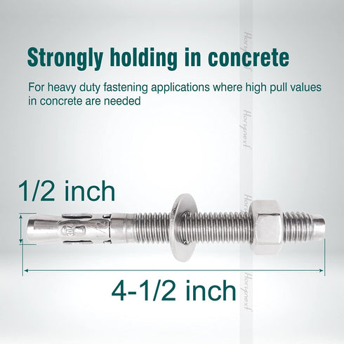 1/2"x 4-1/2" inch Stainless Steel Standard Strong Wedge Anchor, Fasteners for Concrete (4 pcs)