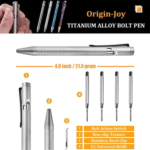 Titanium Alloy Bolt Action Pen, Slim Lightweight EDC Pocket Tactical Pen With 5 Ballpoint Refills (Metallic)