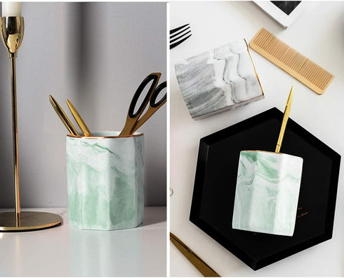 WAVEYU Pencil Holder, Cute Marble Decorative Pencil Cup for Desk, Makeup Brush Holder, Durable Ceramic Organizer