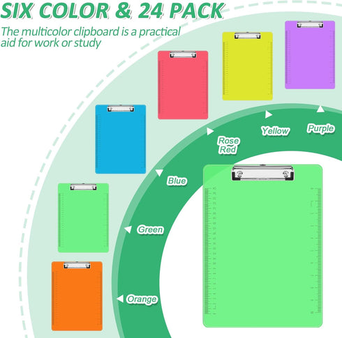 PANDRI 24 Pack Plastic Clipboards, Clear Colored Low Profile Clip Board 12.5 x 9 Inch for Office & Classroom