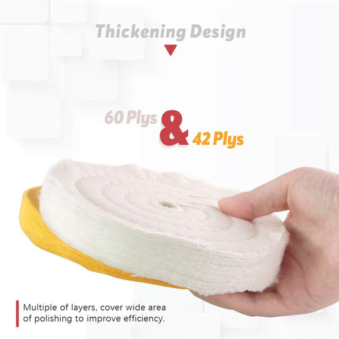 Hilitchi 2 Pcs 6 Inch Extra Thick Buffing Polishing Wheels for Bench Grinder, White (60 Ply) and Yellow (42 Ply), 1/2"