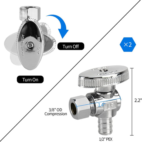 2 Pack Stop Valves, 1/4 Turn Angle Stop Valves, 3/8" OD Compression 1/2" PEX Chrome Plated Brass