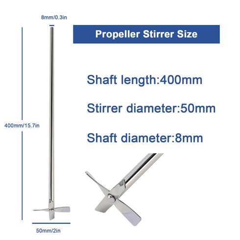 ONiLAB 18900071 316L Stainless Steel 4 Bladed Propeller Stirrer ,50 mm Stirrer Diameter, 8 mm Shaft Diameter, 400 mm Shaft Length