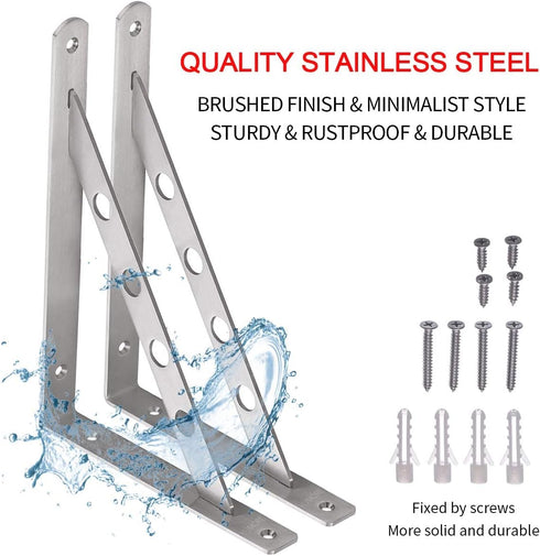 12", 4mm 2pcs, 400lbs YUMORE Shelf Bracket Stainless Steel Heavy Duty L Shaped Brackets Wall Mounted Floating Table