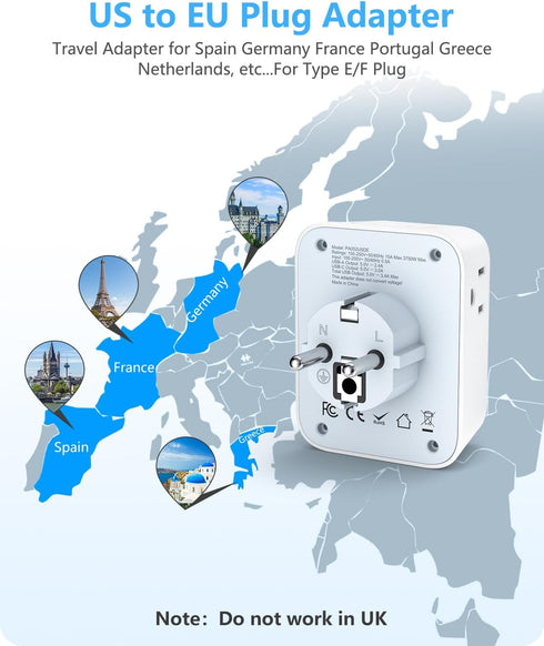 LENCENT Germany France Travel Power Adapter, Schuko Type E/F Plug Converter with 4 Outlet, 4 USB Charger(2 Type C) Adaptor, US to EU Spain Franch German Greece Norway Iceland Korea, Cruise Approved