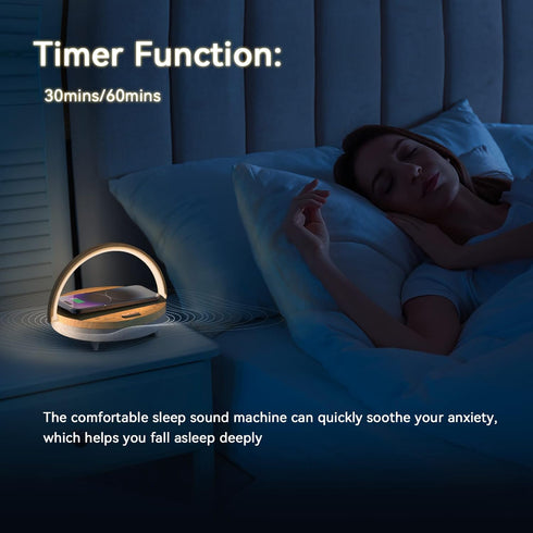 Bedside Table LED Night Light with Wireless Charger and Bluetooth Speaker, Desk Lamp As Sleep Aid White Noise Machine