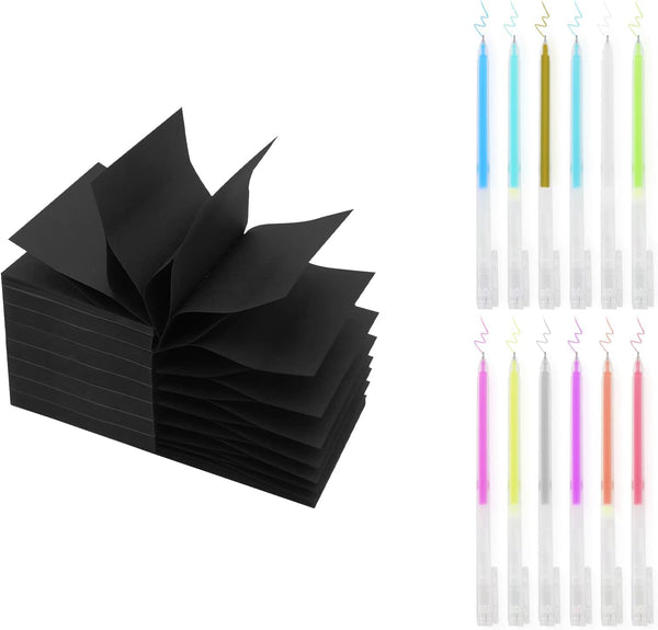 Pop Up Black Sticky Notes (8 Pack) 3 x 3 Inches, Gel Pens for Black Paper (12 Pens), Applicable to Families Schools